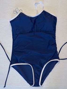 Girls Navy Blue One-Piece Swimsuit with White Trim